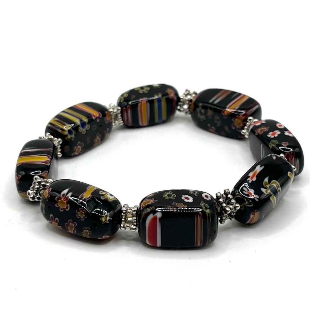 Millefiori Glass Beads Stretch Bracelet Black with Multicolor Floral Design 6.5" - Picture 3 of 7